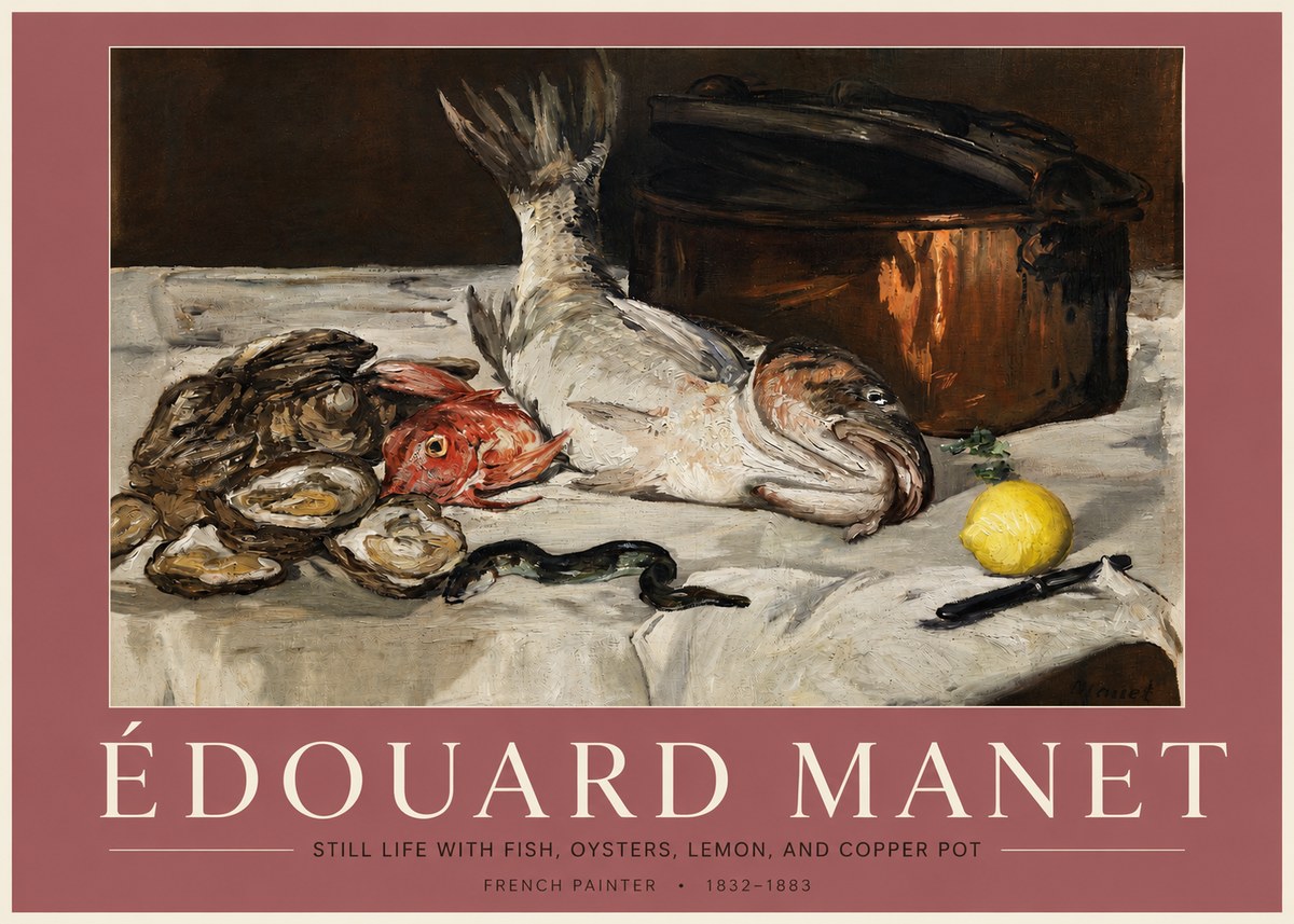 Édouard Manet Still Life with Fish, Oysters, Lemon, and Copper Pot No3 - Poster