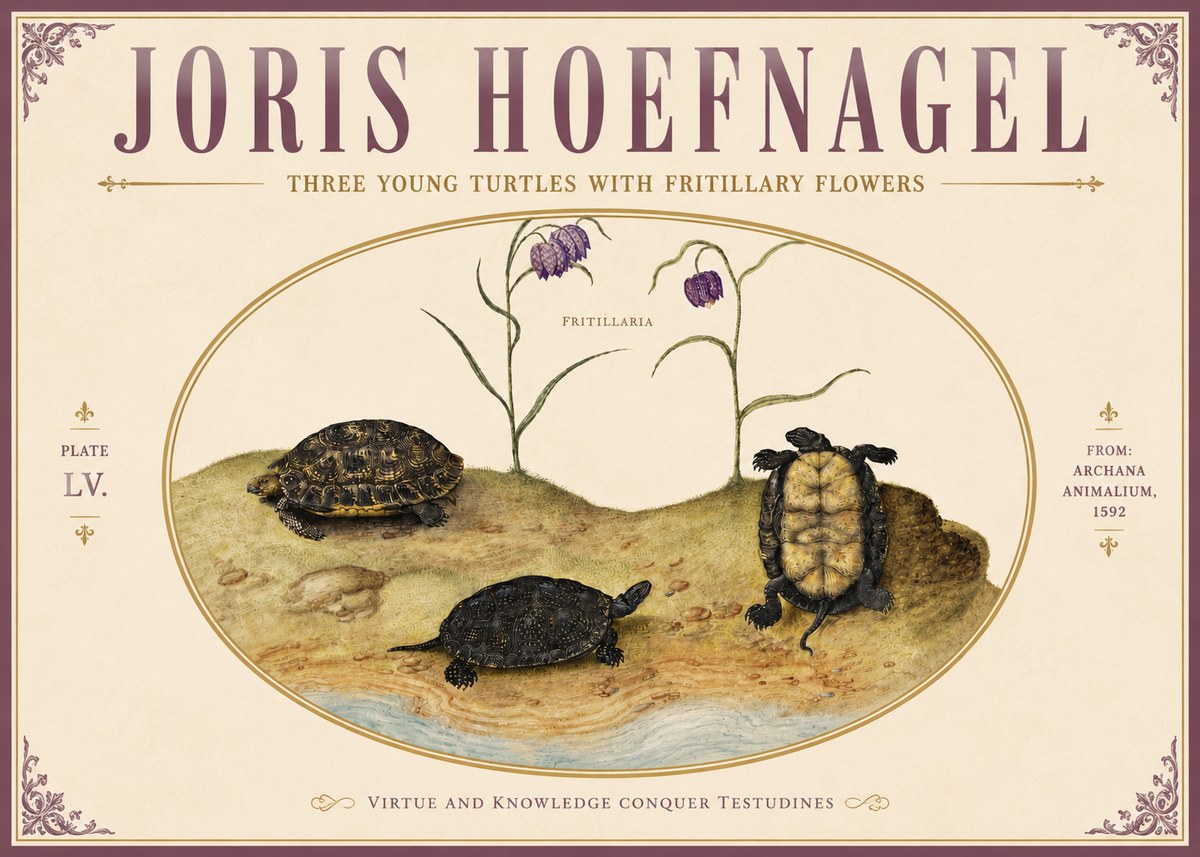 Joris Hoefnagel Three Young Turtles with Fritillary Flowers No5 - Poster