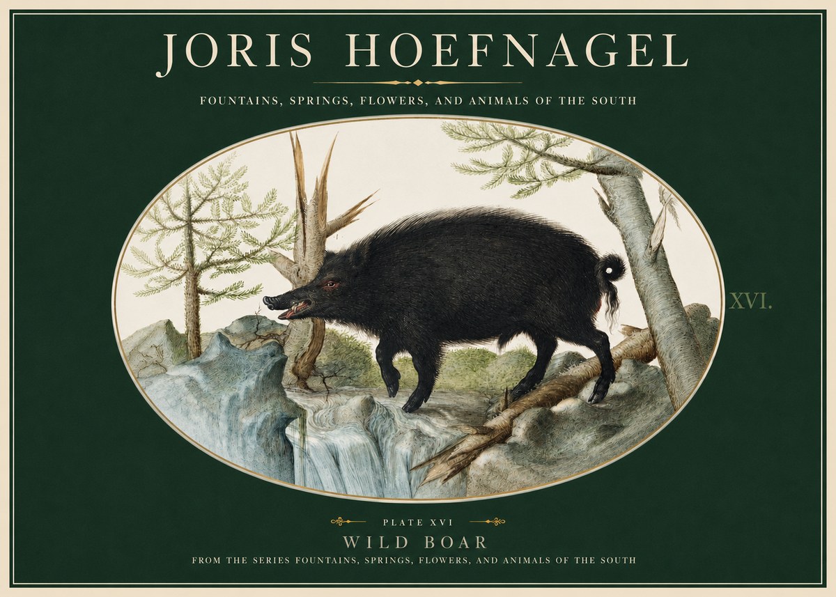 Joris Hoefnagel Fountains, Springs, Flowers, and Animals of the South - Plate Xvi No2 - Poster