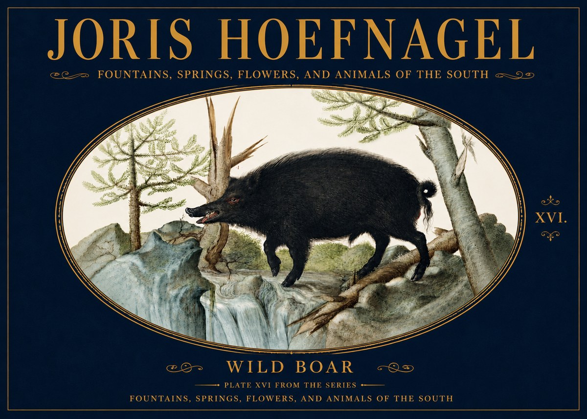 Joris Hoefnagel Fountains, Springs, Flowers, and Animals of the South - Plate Xvi No5 - Poster