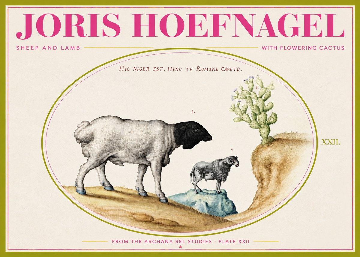 Joris Hoefnagel Sheep and Lamb with Flowering Cactus No2 - Poster