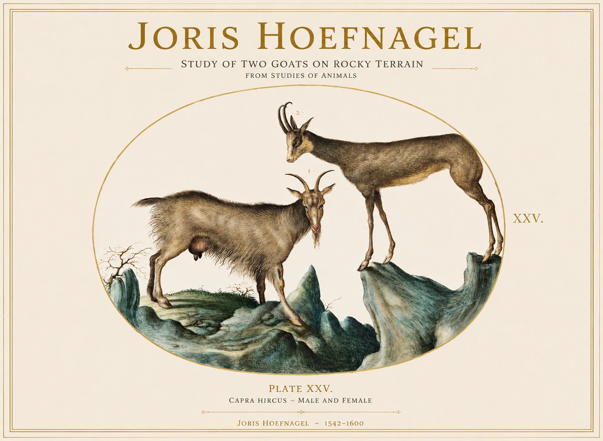 Joris Hoefnagel Study of Two Goats on Rocky Terrain No1 - Poster