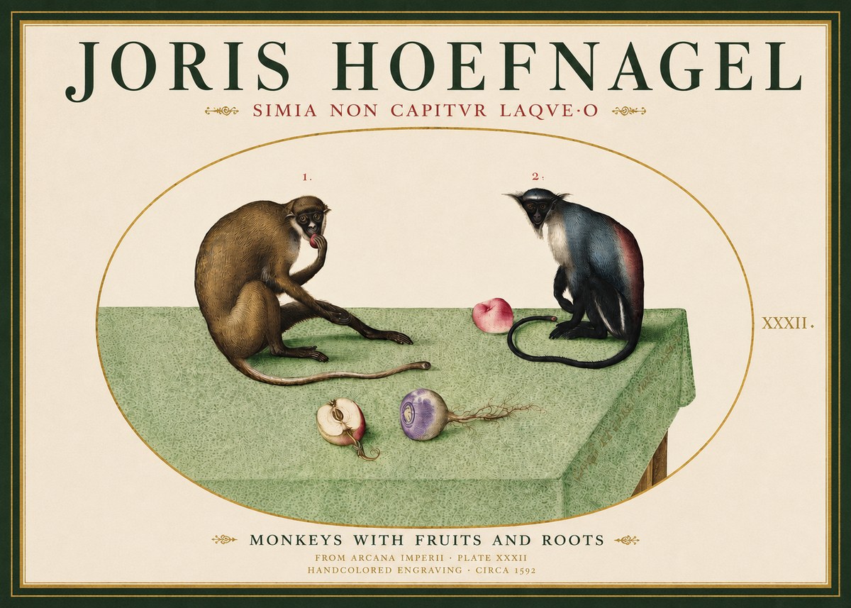 Joris Hoefnagel Monkeys with Fruits and Roots No3 - Poster