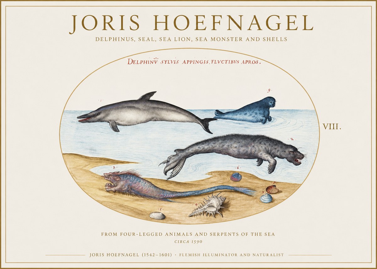 Joris Hoefnagel Delphinus, Seal, Sea Lion, Sea Monster and Shells No1 - Poster
