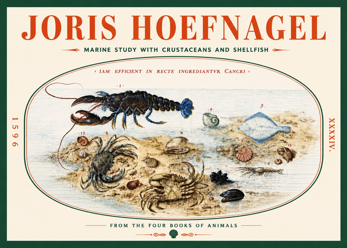 Joris Hoefnagel Marine Study with Crustaceans and Shellfish No5 - Poster