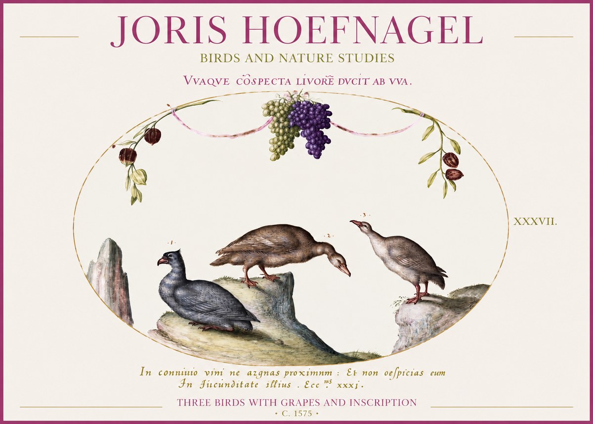 Joris Hoefnagel Three Birds with Grapes and Inscription No1 - Poster