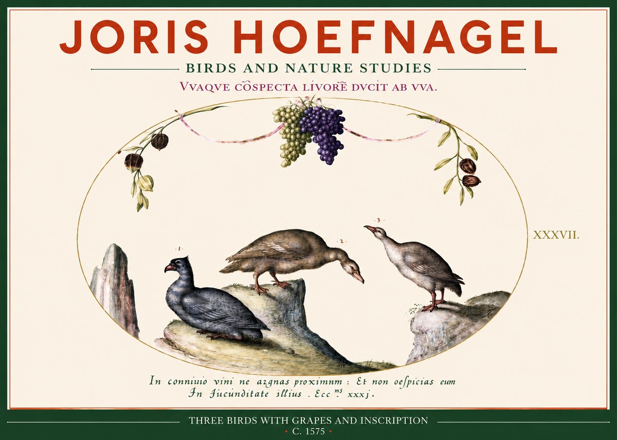 Joris Hoefnagel Three Birds with Grapes and Inscription No2 - Poster