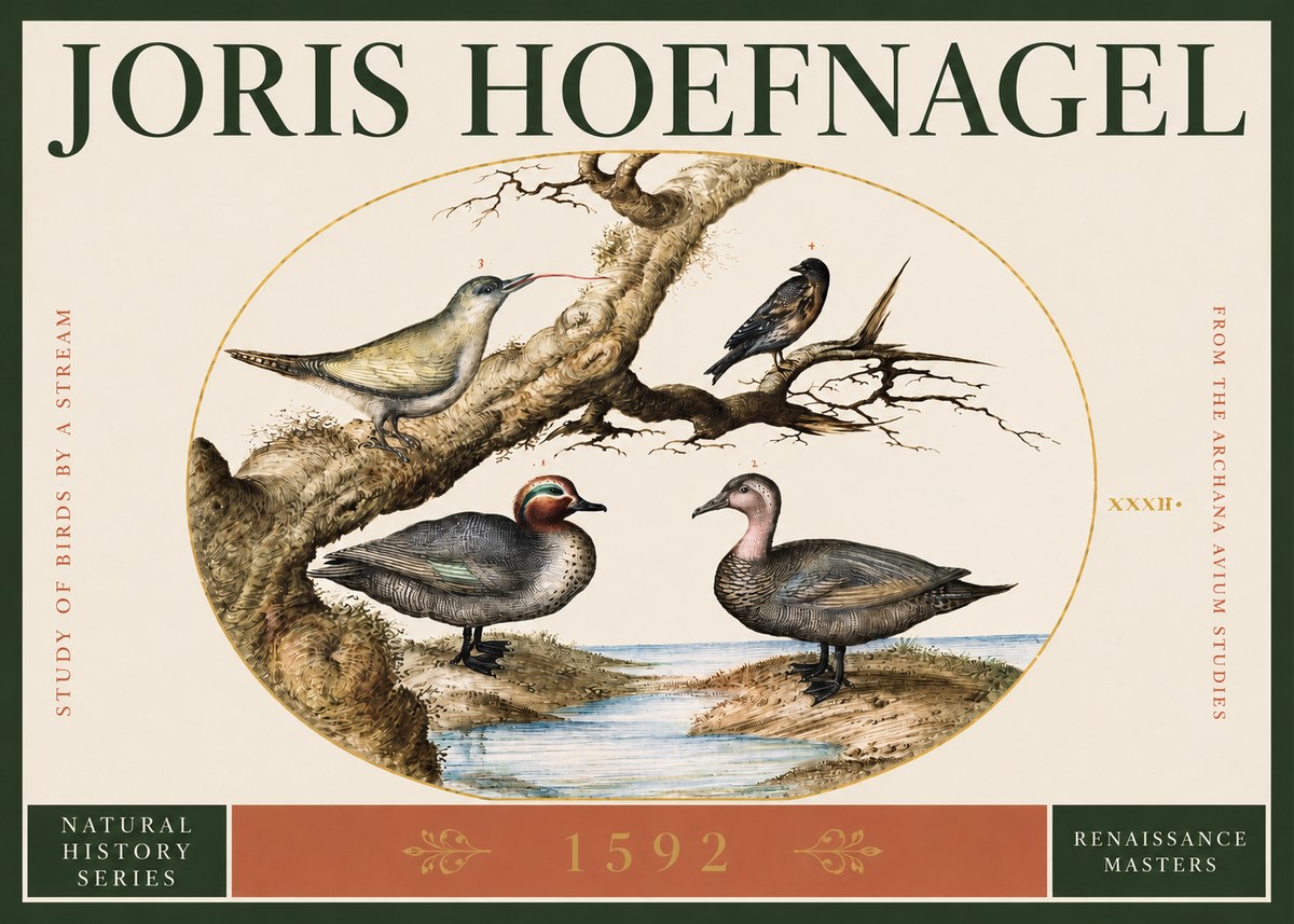 Joris Hoefnagel Study of Birds by a Stream No2 - Poster