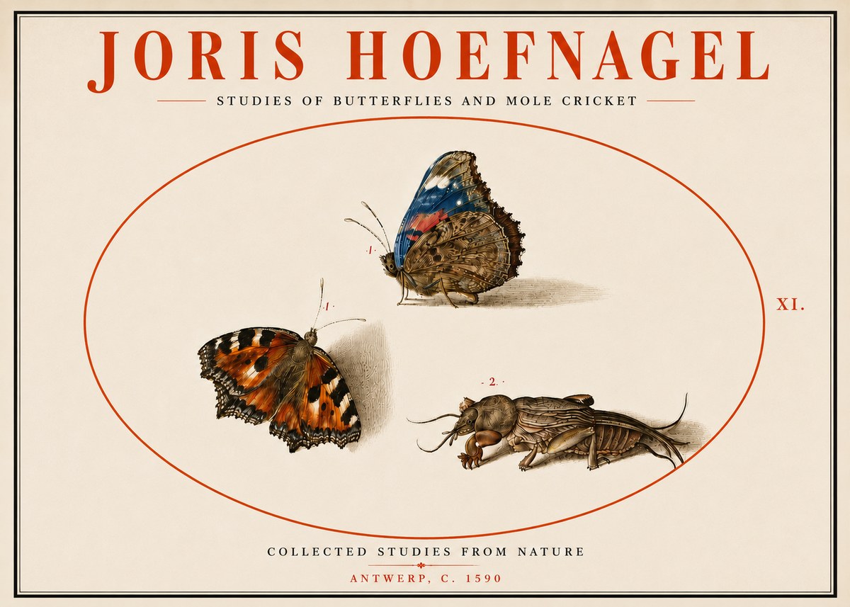 Joris Hoefnagel Studies of Butterflies and Mole Cricket No5 - Poster