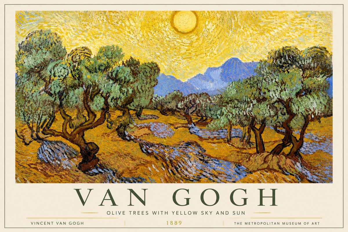 Van Gogh Olive Trees with Yellow Sky and Sun No6 - Poster