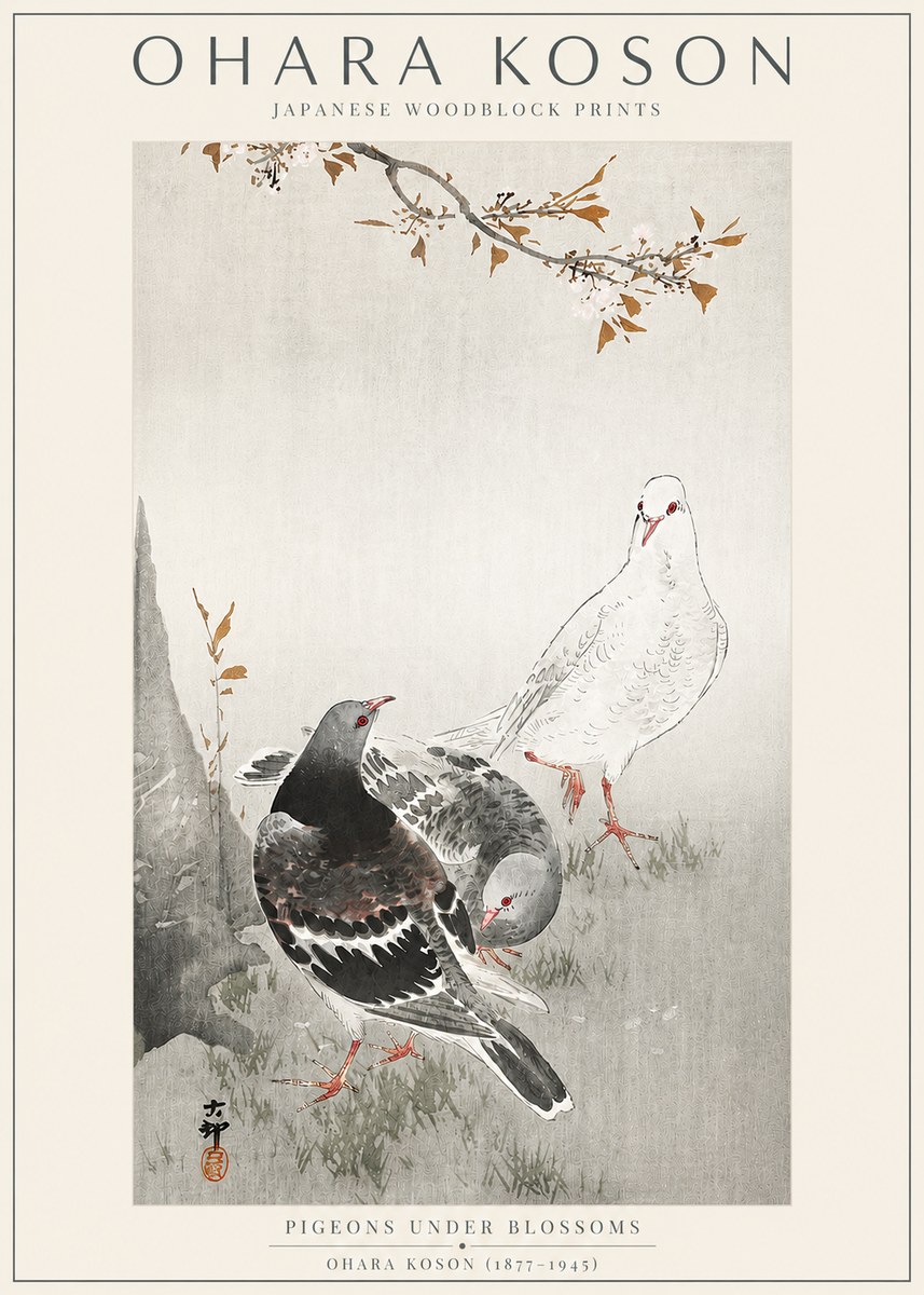 Ohara Koson Pigeons Under Blossoms No3 - Poster
