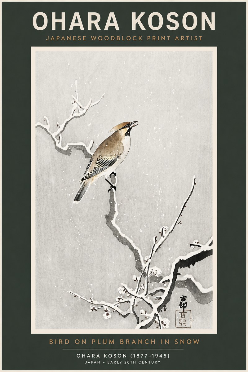 Ohara Koson Bird on Plum Branch in Snow No2 - Poster