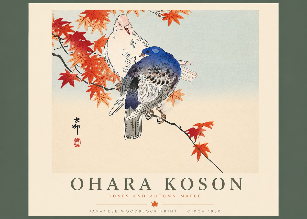 Ohara Koson Doves and Autumn Maple No4 - Poster