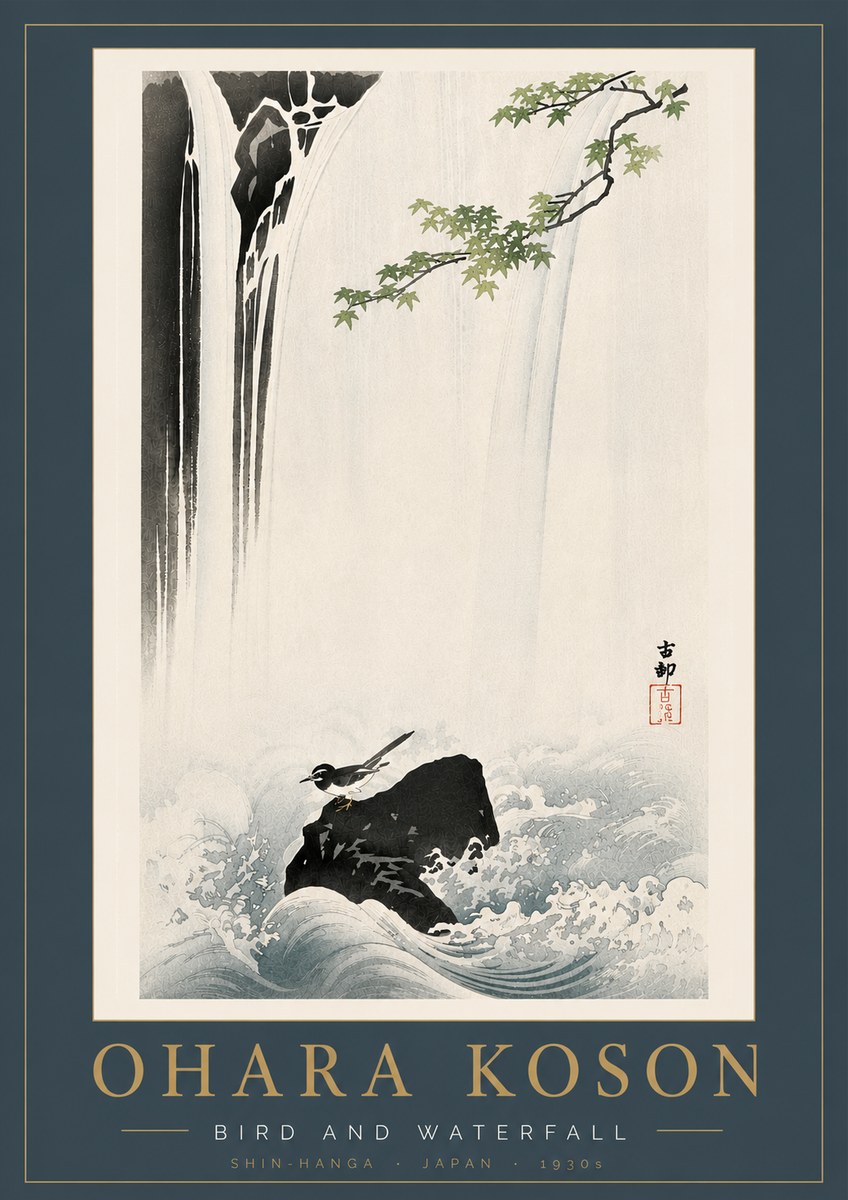 Ohara Koson Bird and Waterfall No6 - Poster