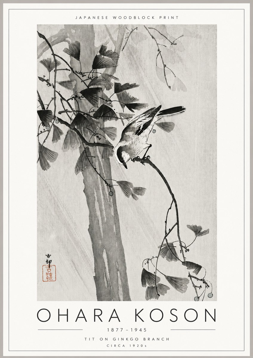 Ohara Koson Tit on Ginkgo Branch No6 - Poster