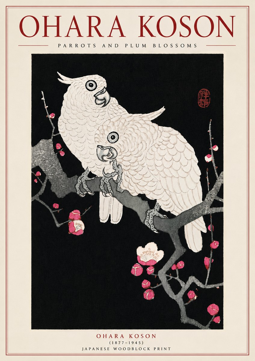 Ohara Koson Parrots and Plum Blossoms No5 - Poster