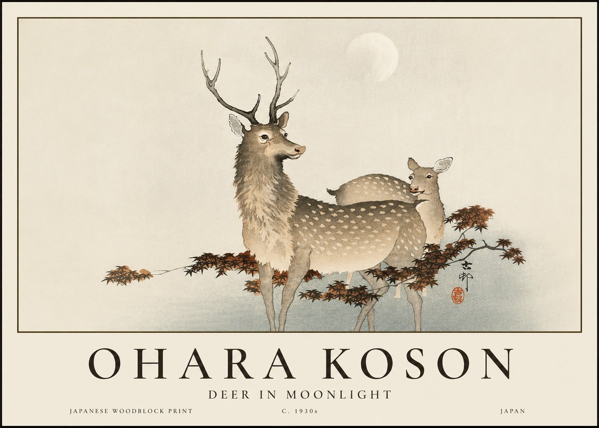 Ohara Koson Deer in Moonlight No3 - Poster