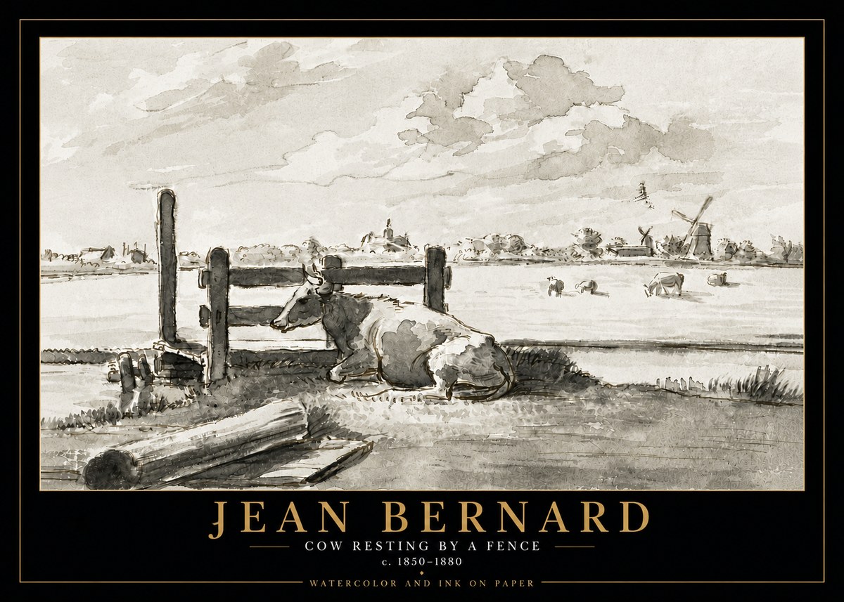 Jean Bernard Cow Resting by a Fence No5 - Poster