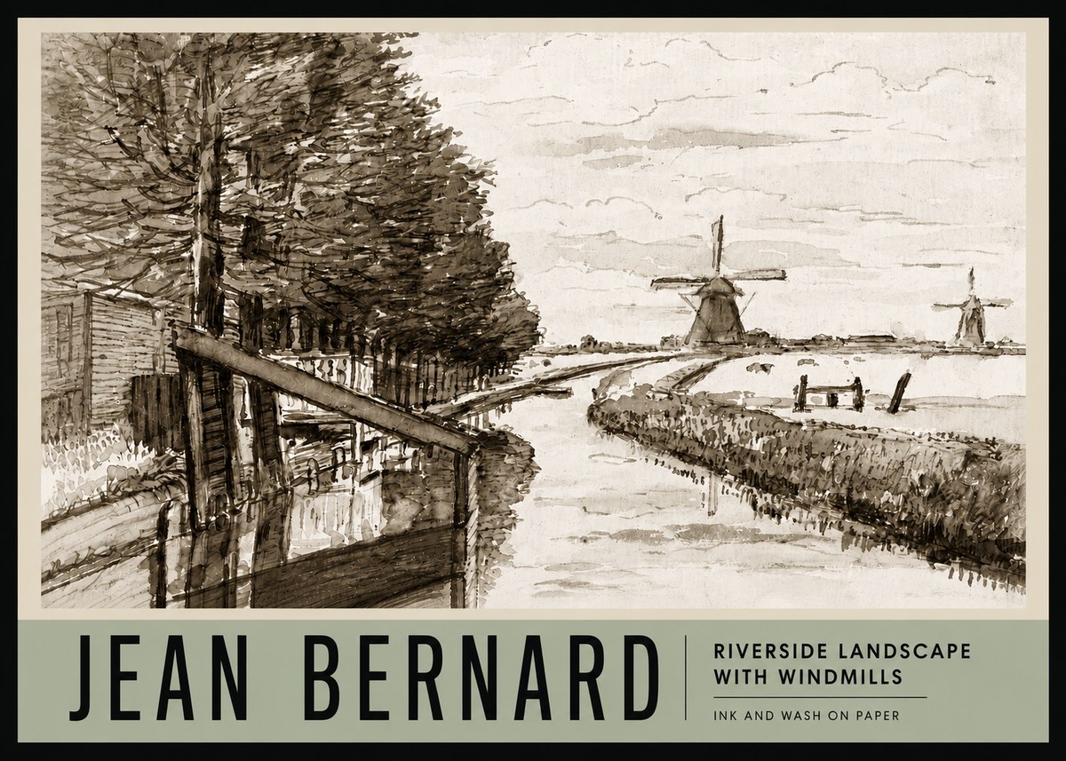 Jean Bernard Riverside Landscape with Windmills No3 - Poster