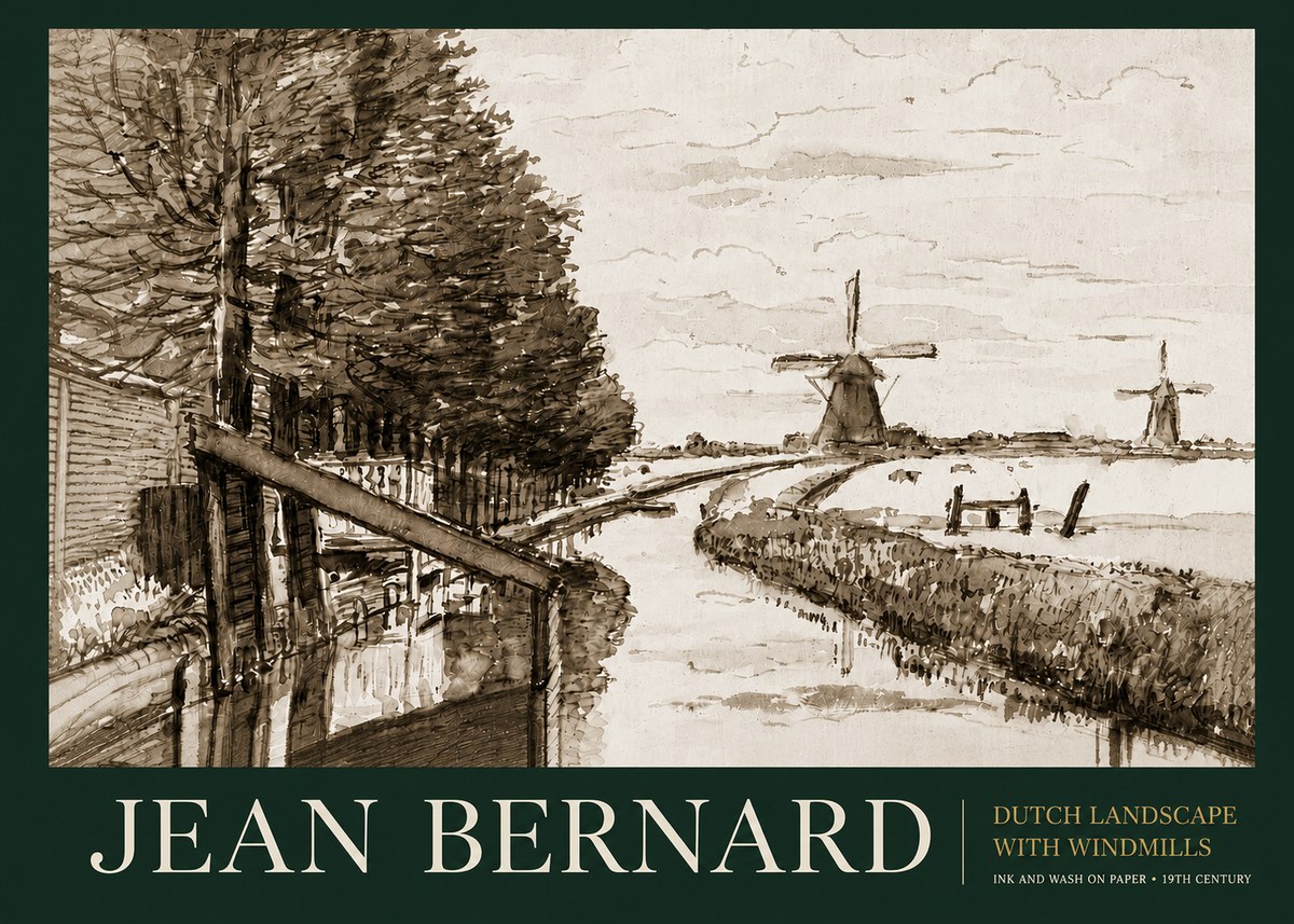 Jean Bernard Riverside Landscape with Windmills No6 - Poster