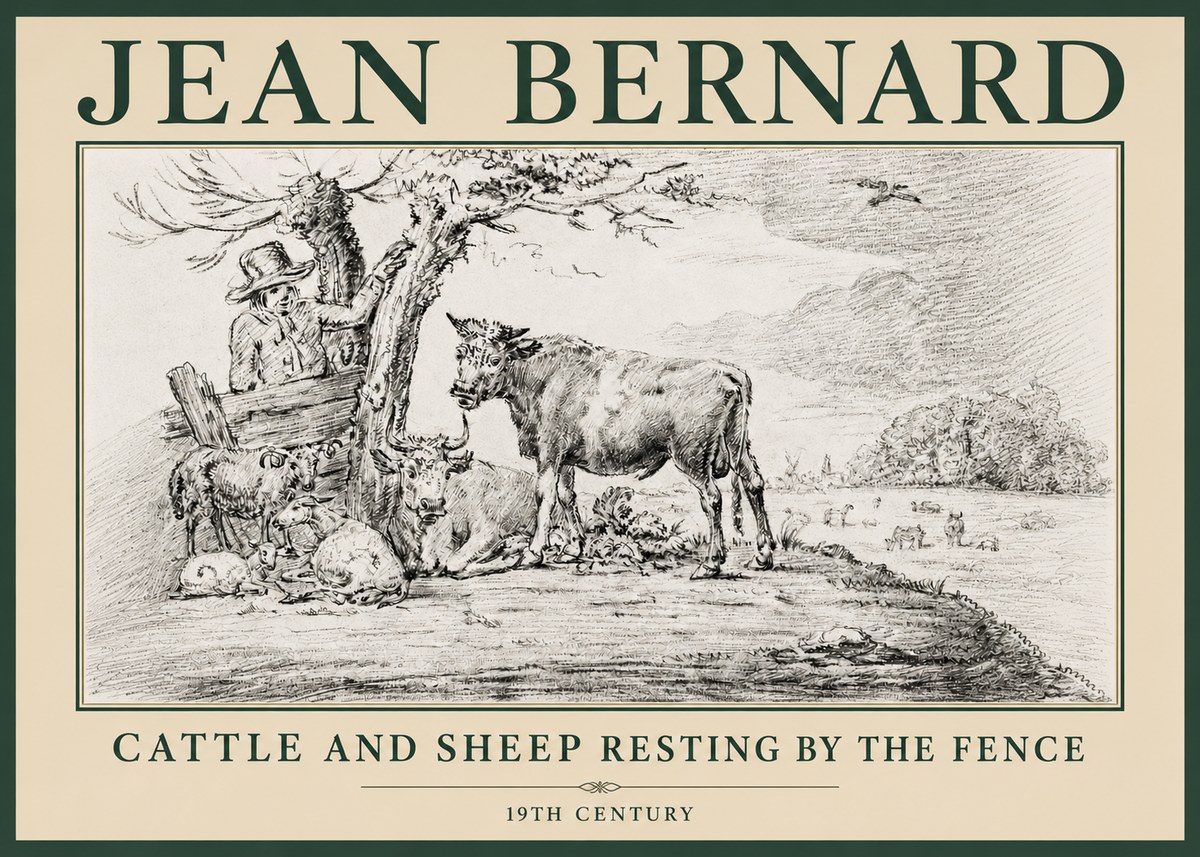 Jean Bernard Cattle and Sheep Resting by the Fence No4 - Poster