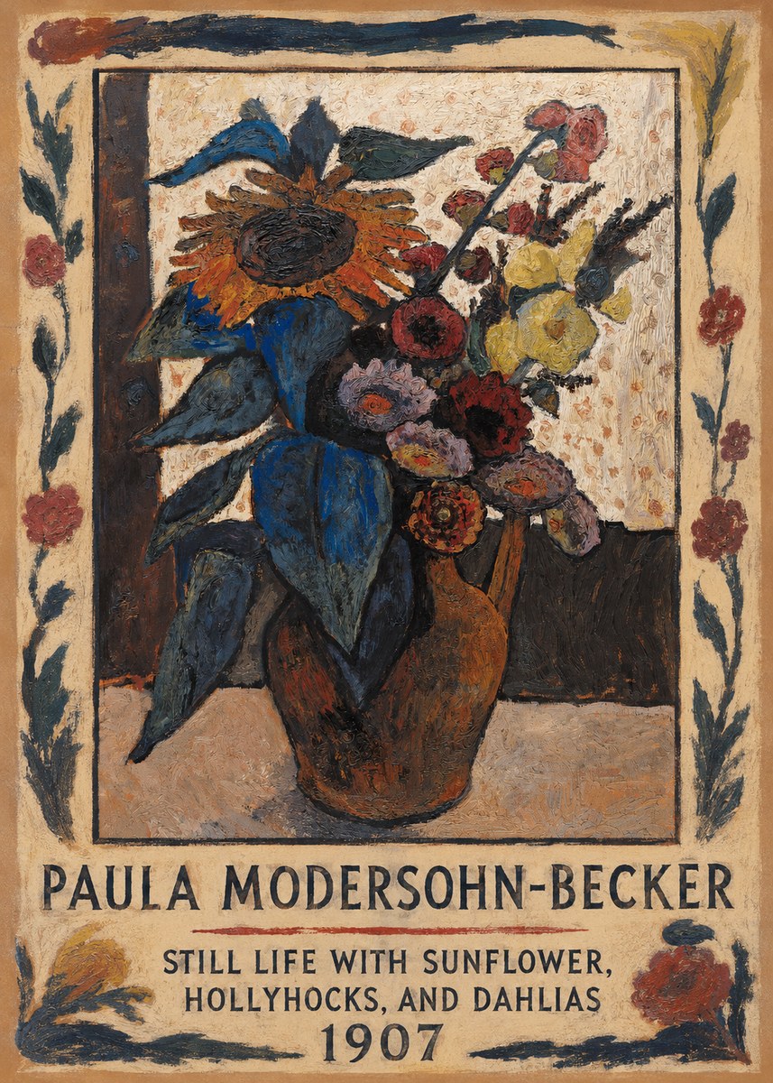 Paula Modersohn-Becker Still Life with Sunflower, Hollyhocks, and Dahlias No1 - Poster