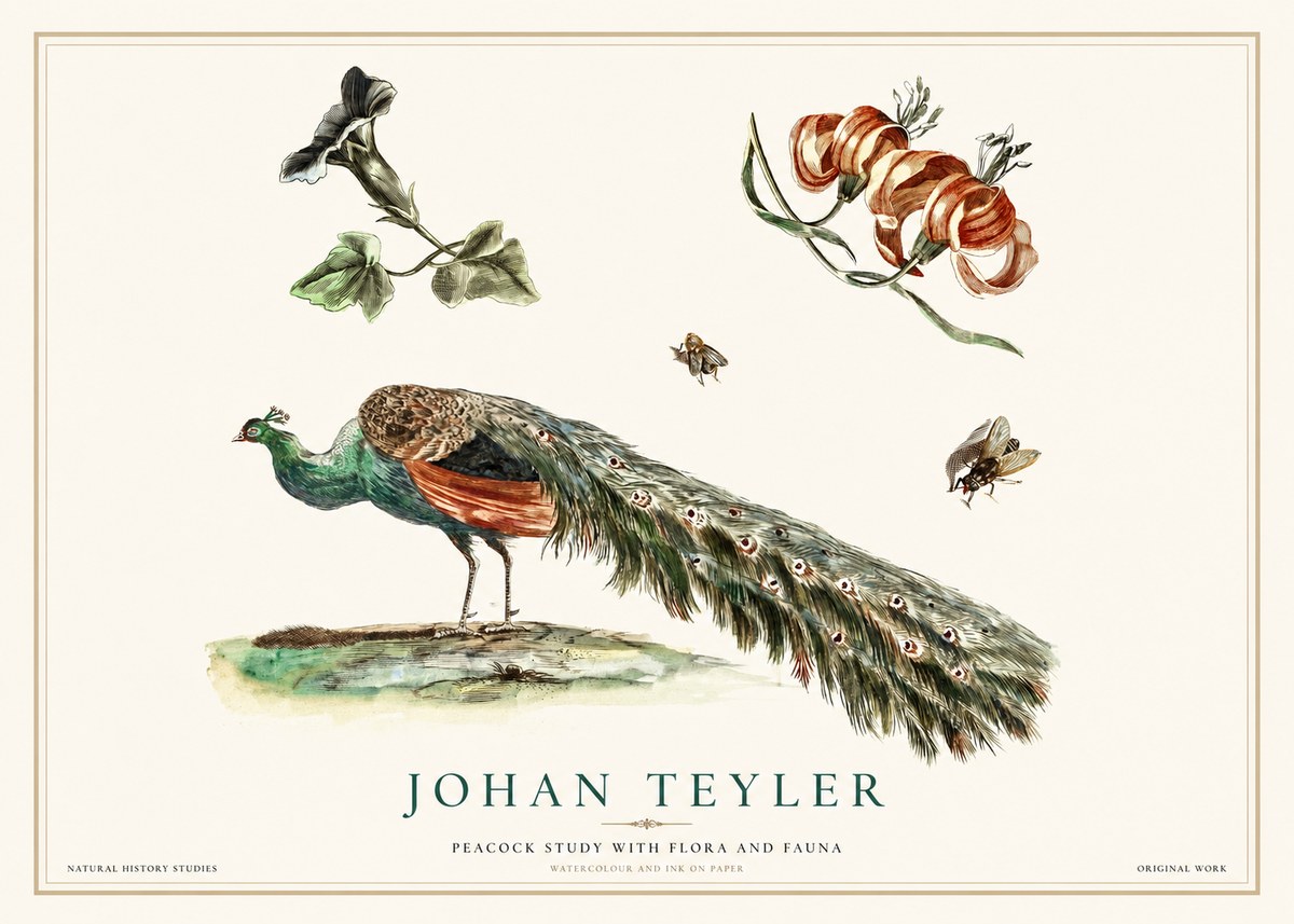 Johan Teyler Peacock Study with Flora and Fauna No1 - Poster