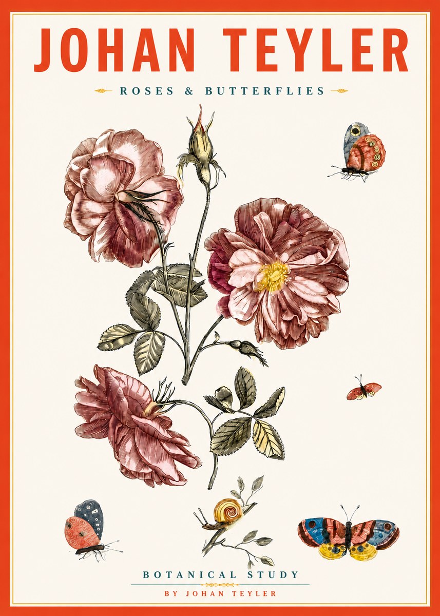 Johan Teyler Roses & Butterflies - Botanical Study No5 - Poster