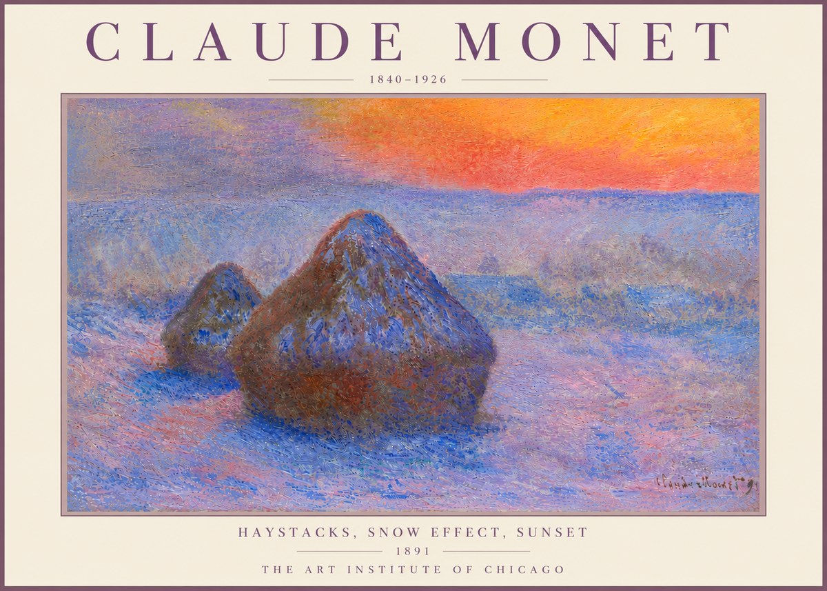 Monet Haystacks, Snow Effect, Sunset No6 - Poster