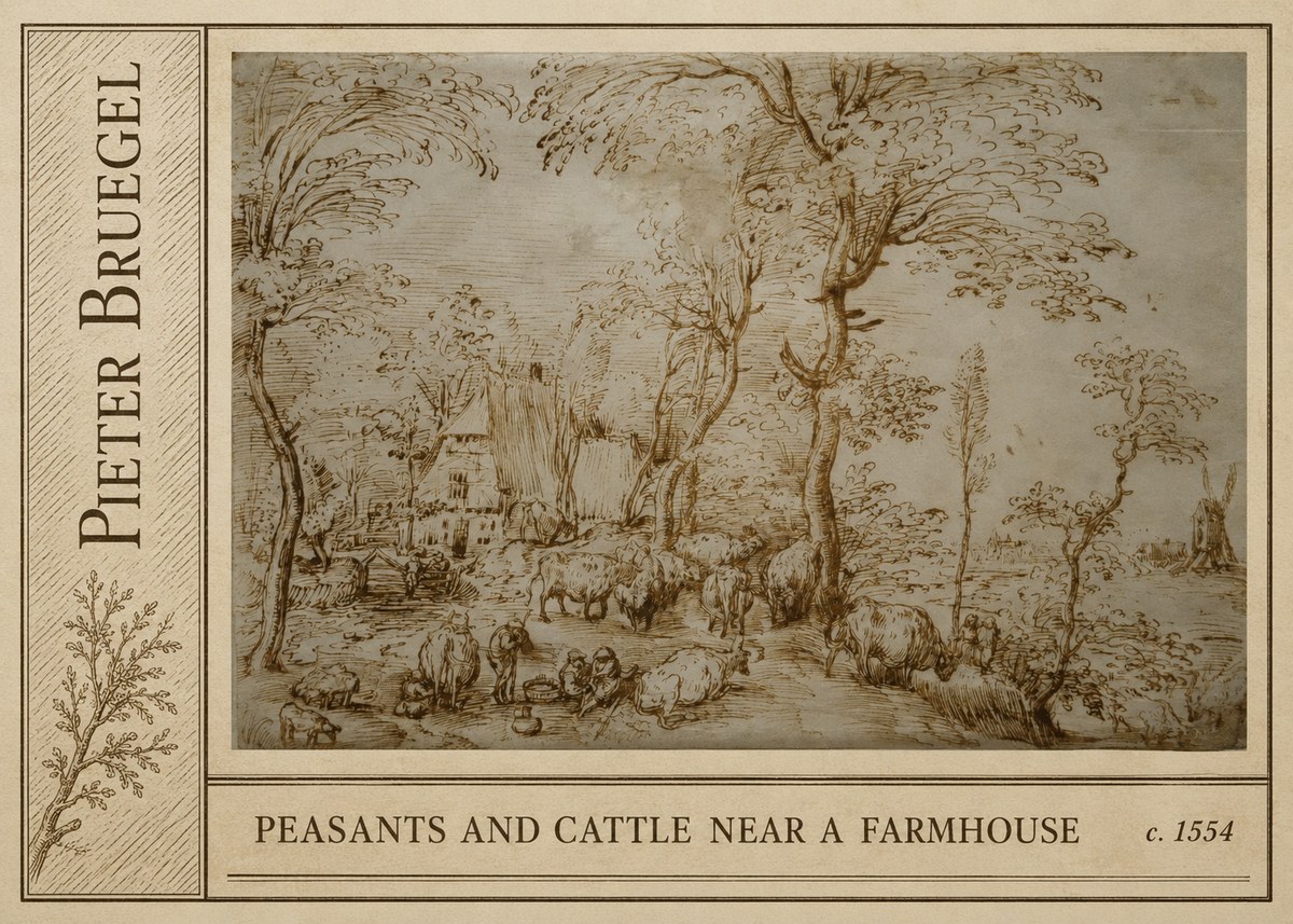 Pieter Bruegel Peasants and Cattle Near a Farmhouse No2 - Poster